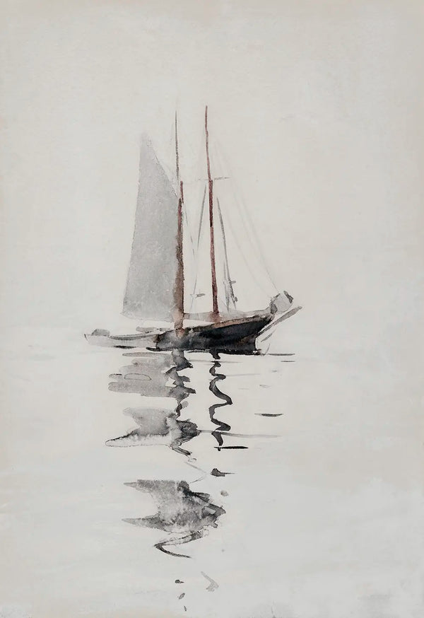 A seascape watercolor painting of a schooner.