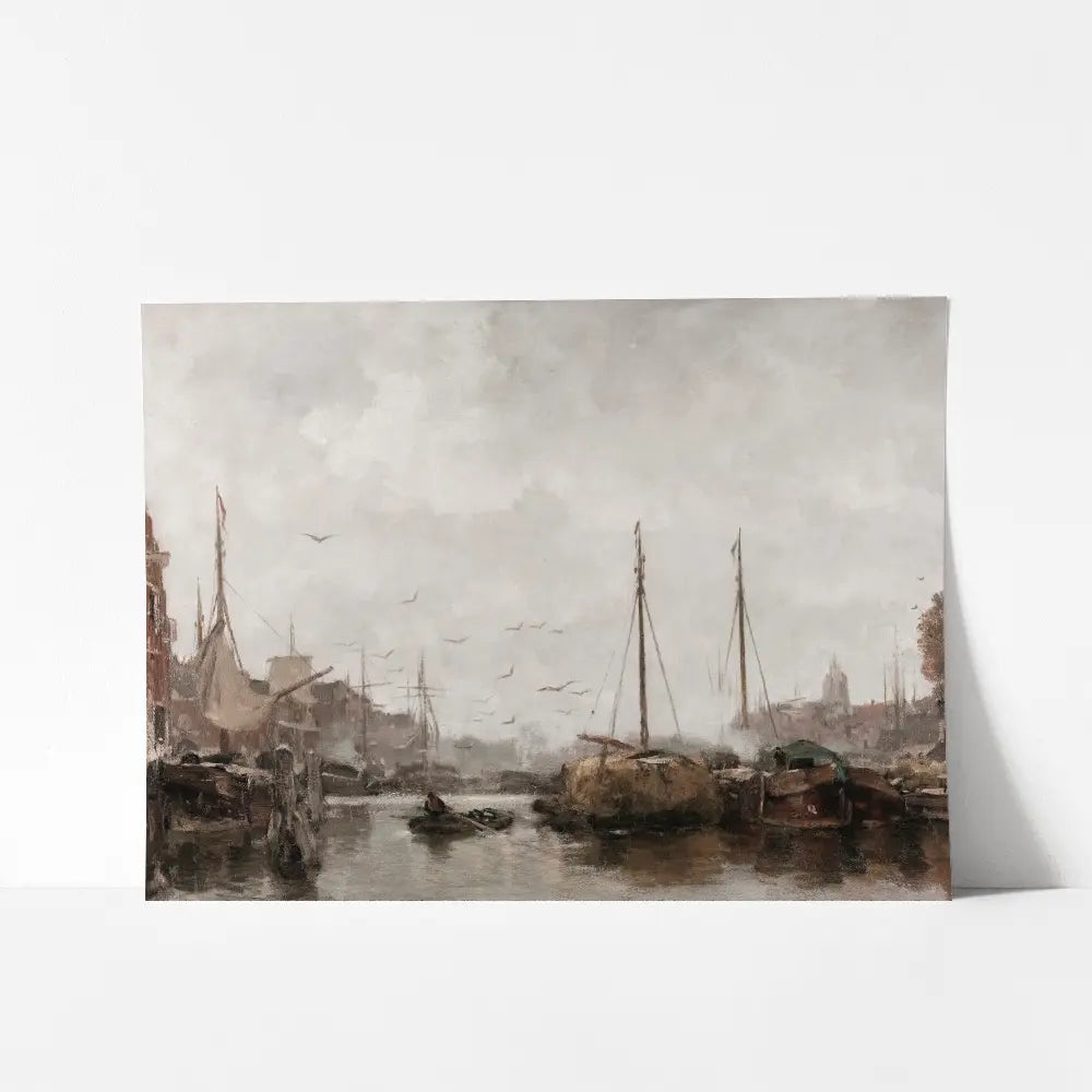 A mockup view of a dark moody oil painting of a harbor scene with sailboats and ships.