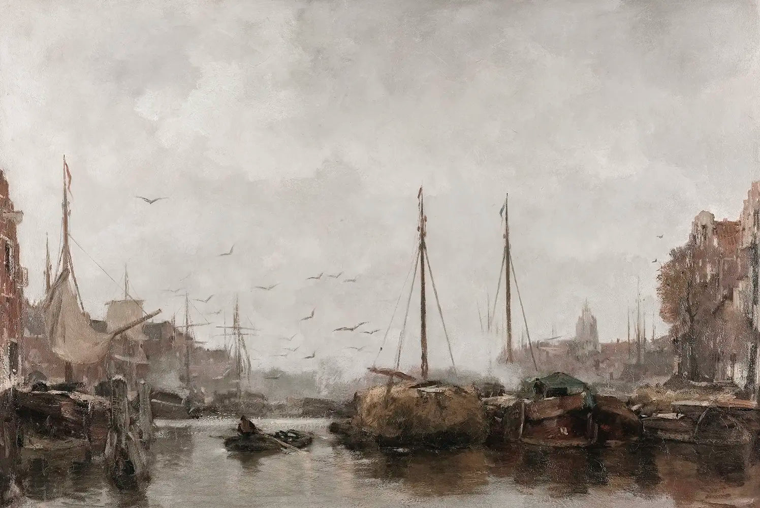 A dark moody oil painting of a harbor scene with sailboats and ships.