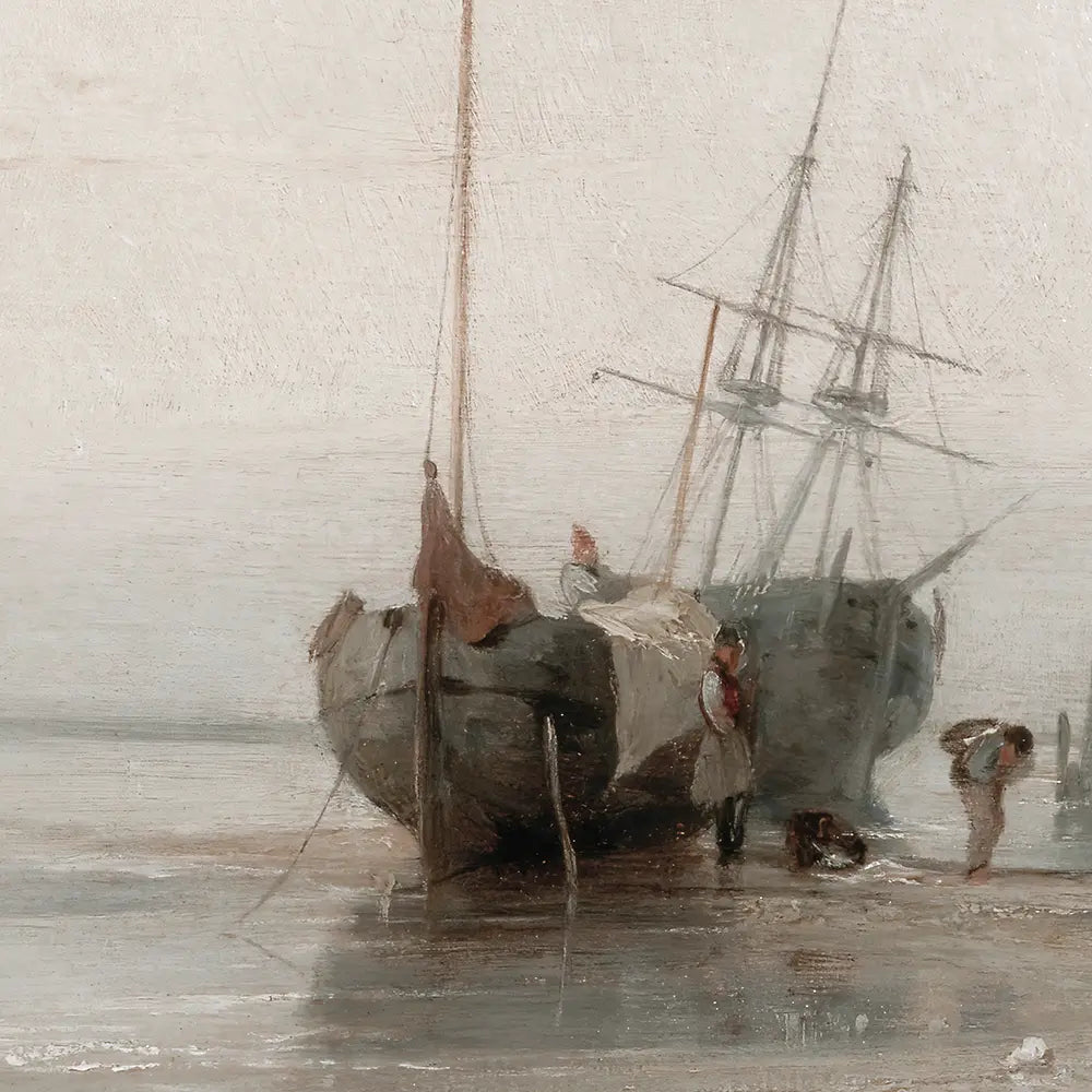 A closeup view of a seascape oil painting of a fishing boat anchored on the beach.