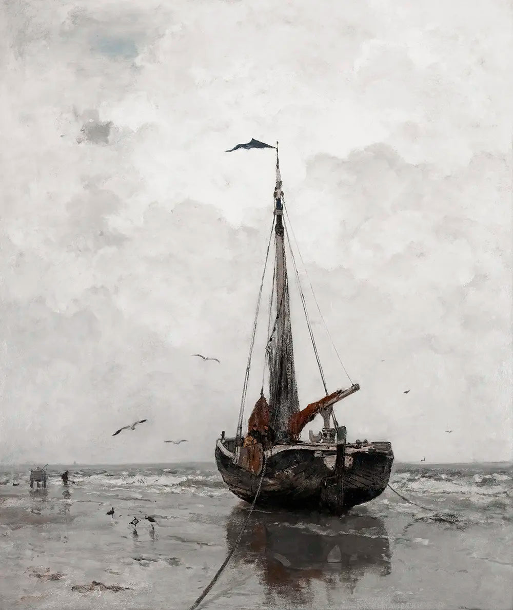 A coastal oil painting of a fishing boat moored on a wet, sandy beach.