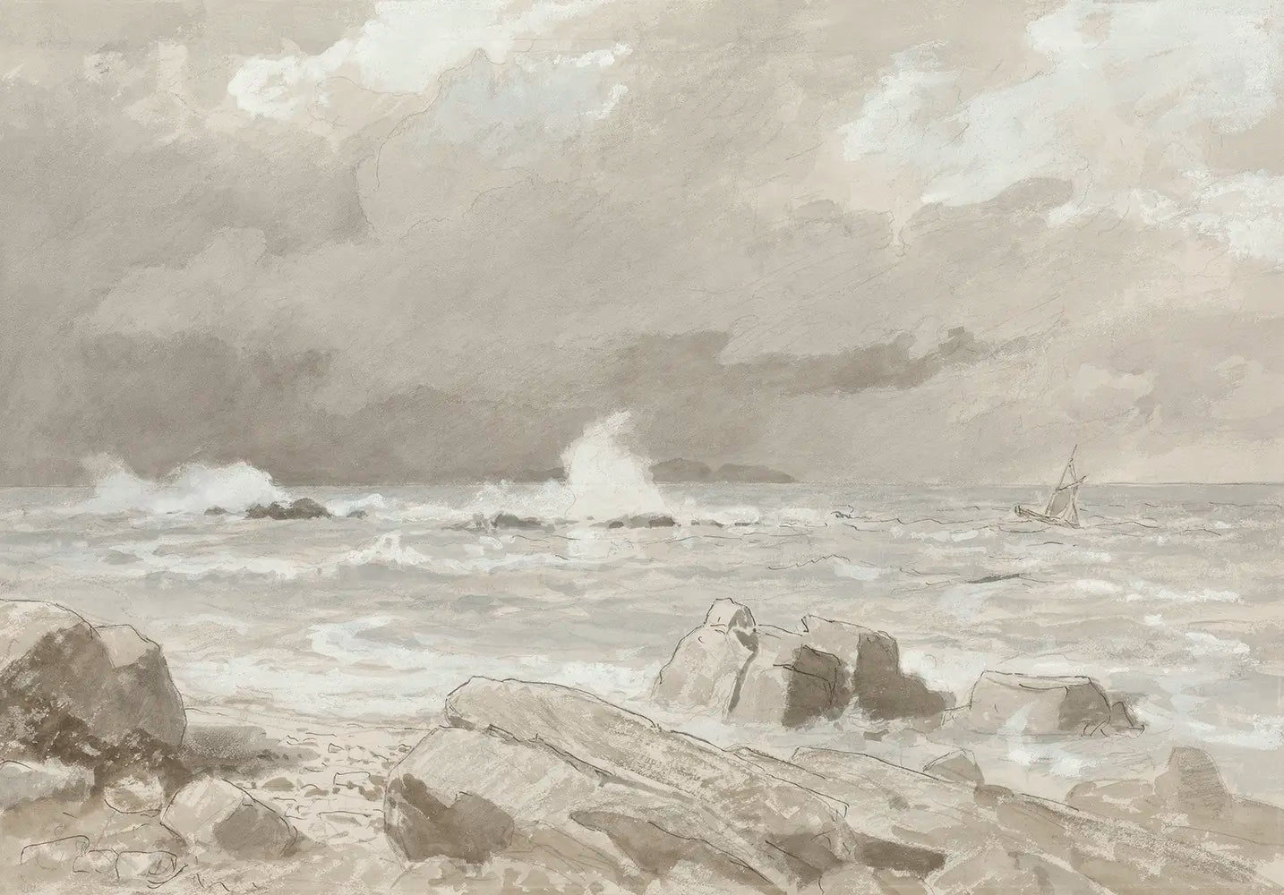 A seascape watercolor painting of a stormy sea crashing against wave breakers.