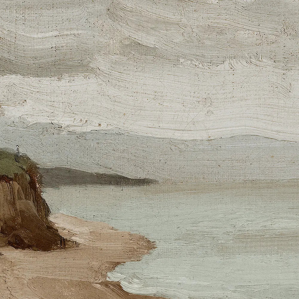 A close up view of a coastal oil painting of a sandy beach.