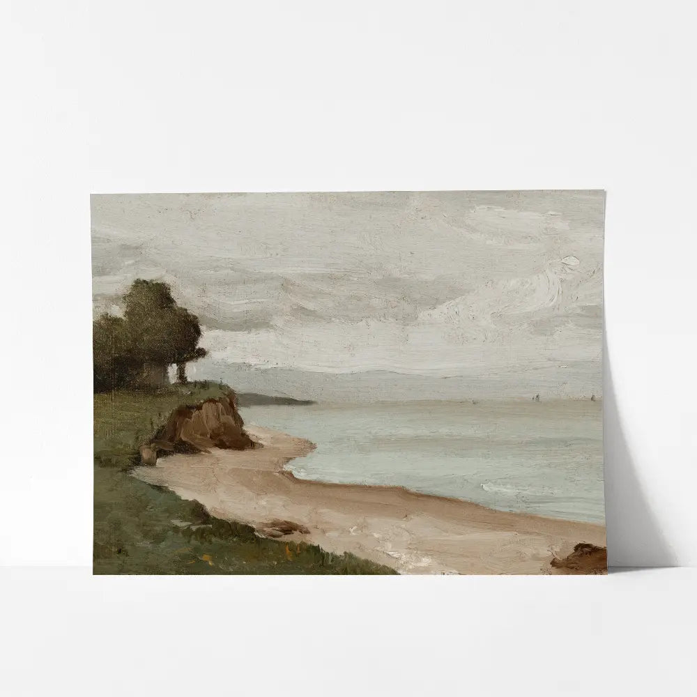 A mockup view of a coastal oil painting of a sandy beach.