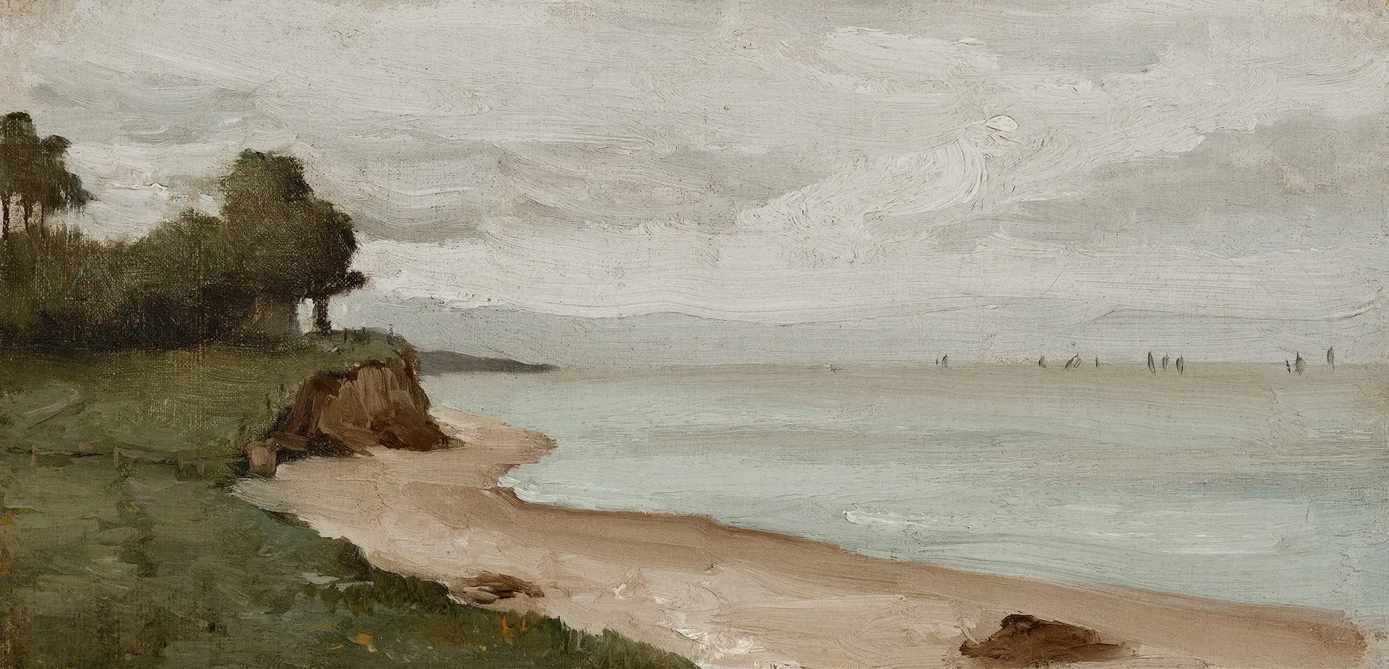 A coastal oil painting of a sandy beach.