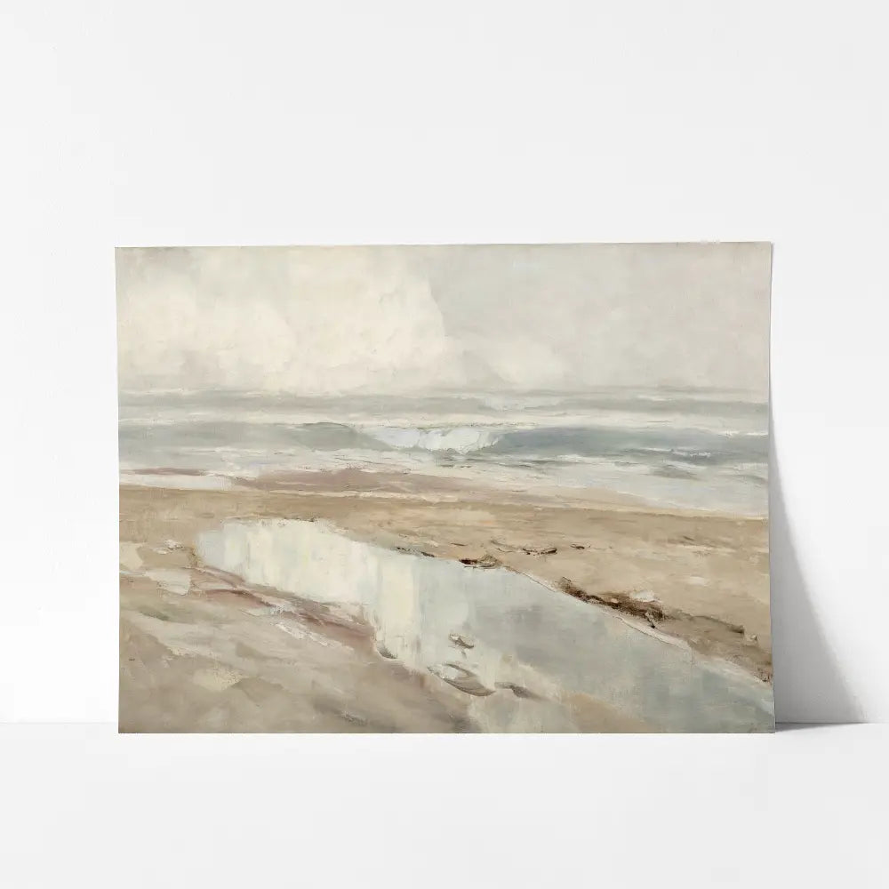 A mockup view of an abstract seascape oil painting of a sandy beach.