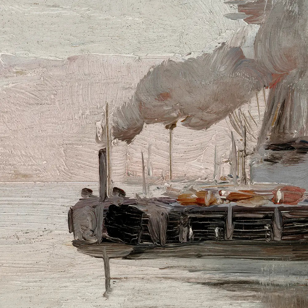 A closeup view of a seascape oil painting depicting a harbor scene at dawn.