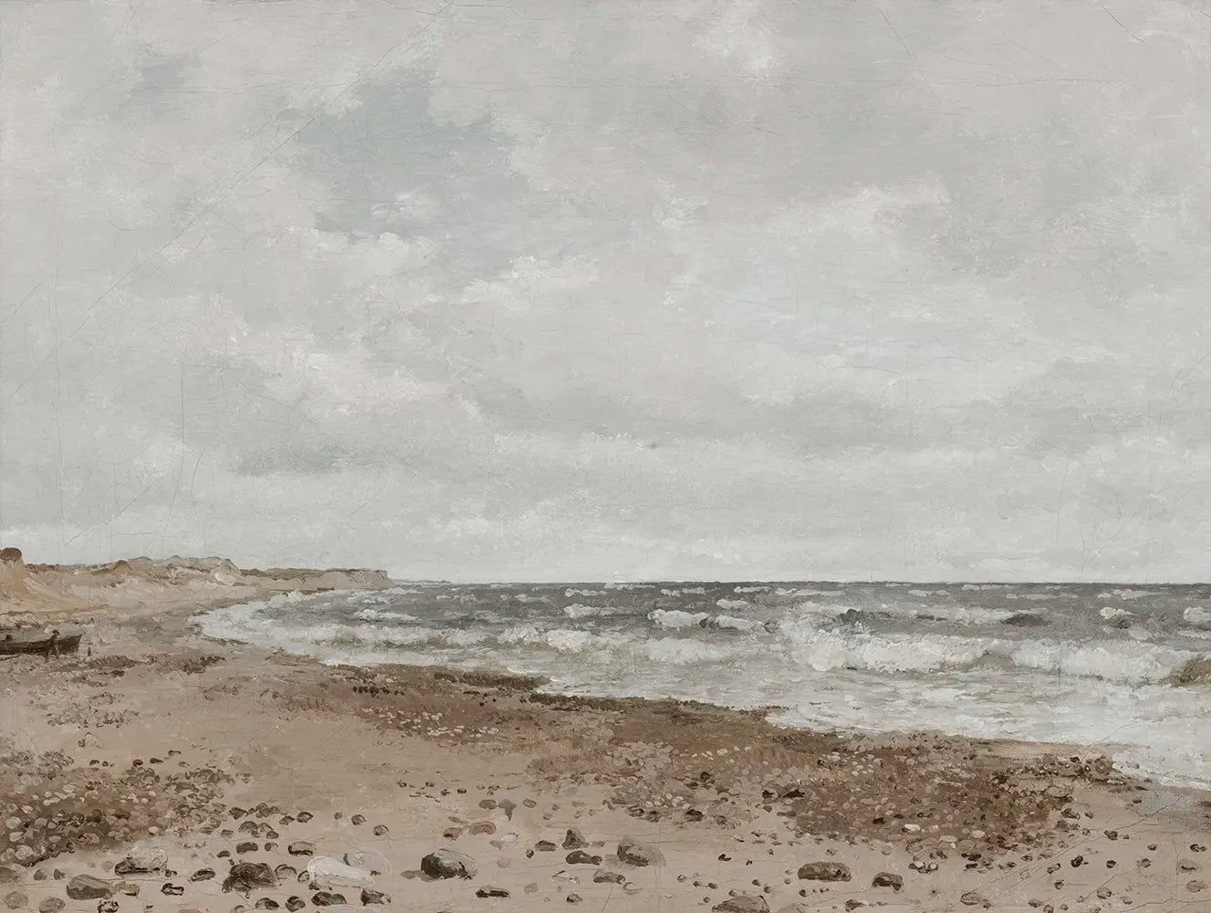 A coastal oil painting of a beach with dunes.