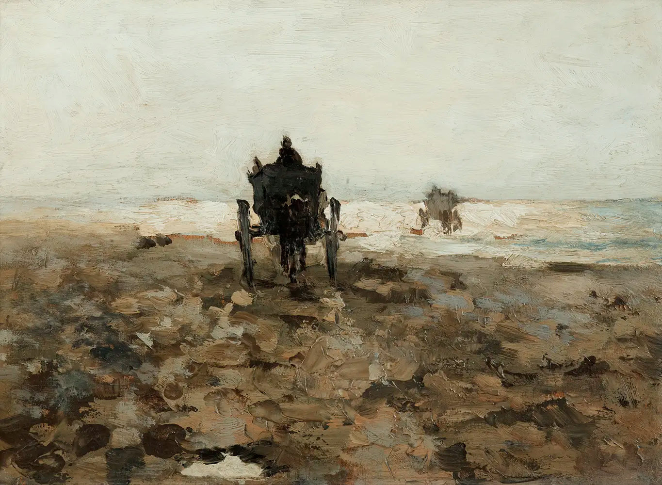 A coastal painting depicting a horse-drawn black cart traveling along a sandy beach. 