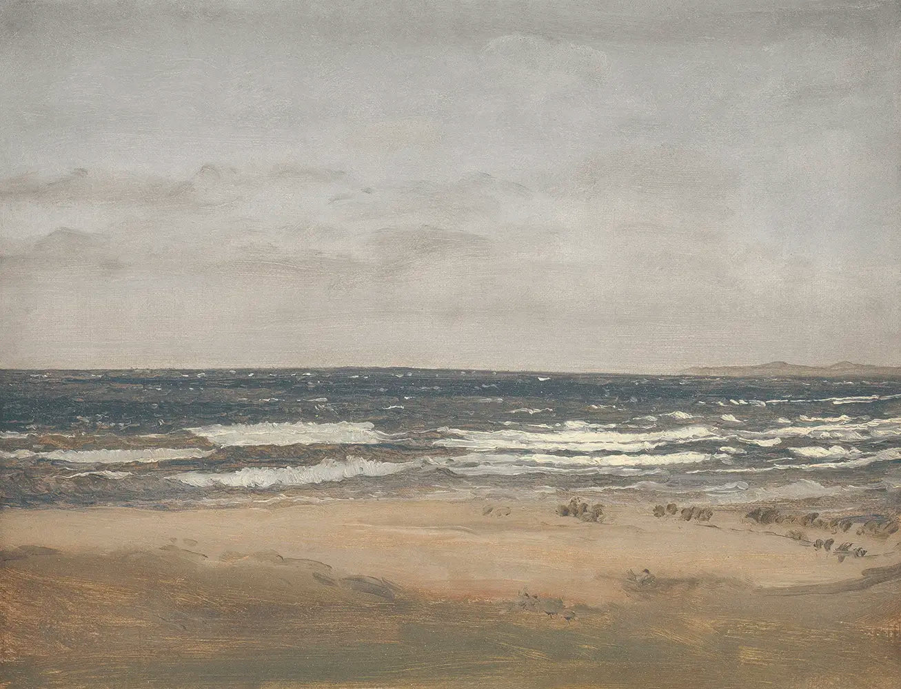 A coastal painting that depicts a sandy shore.