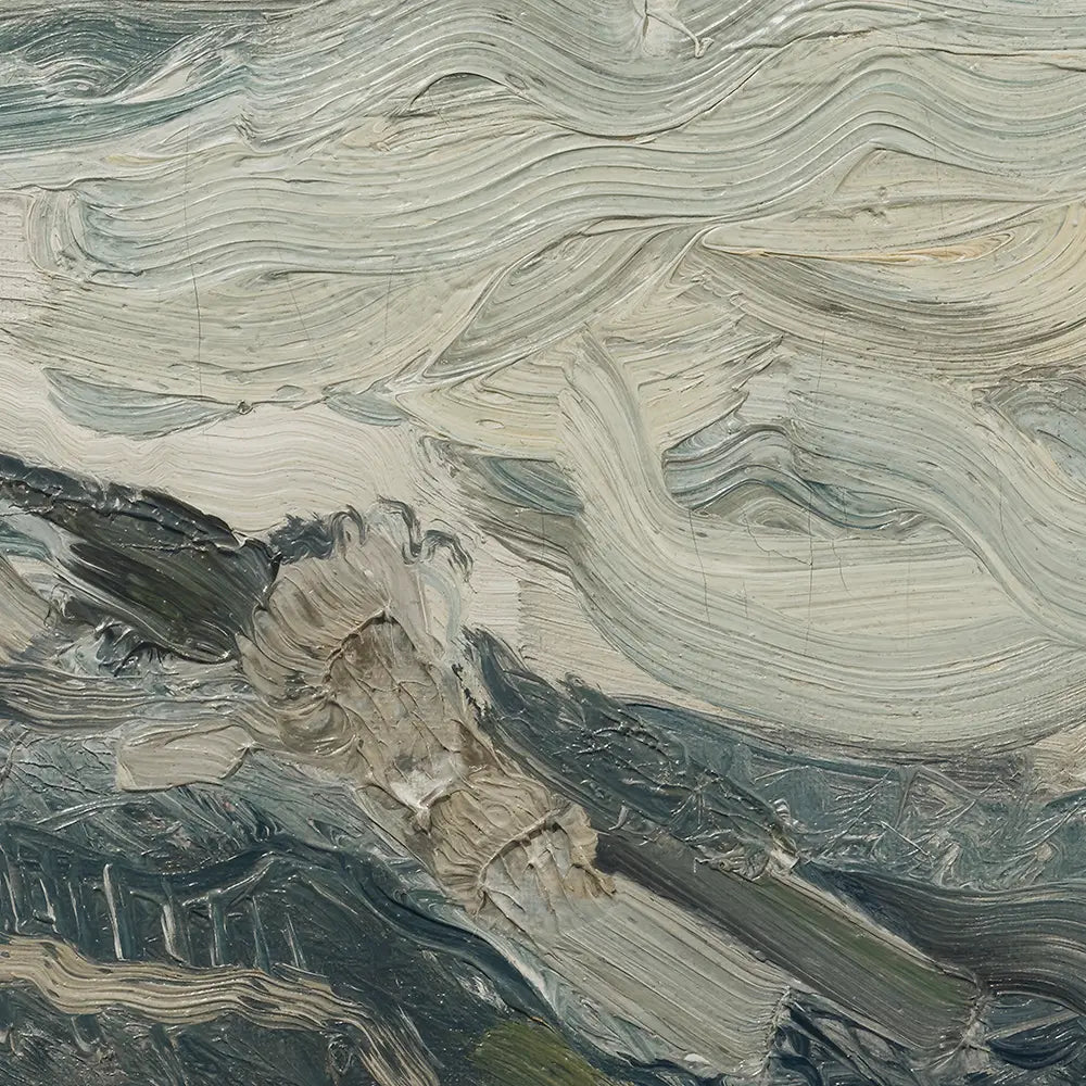 A closeup view of an abstract mountain lake painting.