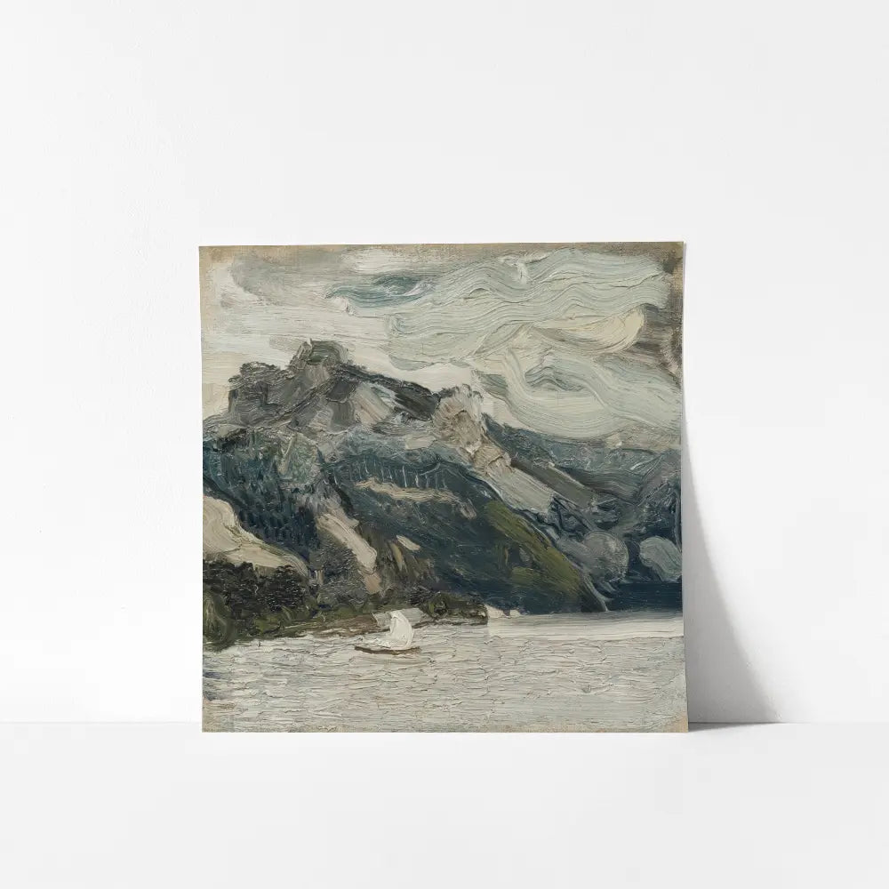 A mockup view of an abstract mountain lake painting.