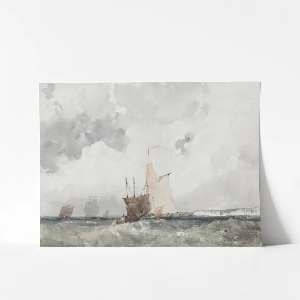 A mockup view of a watercolor painting depicts several ships navigating a choppy sea. 