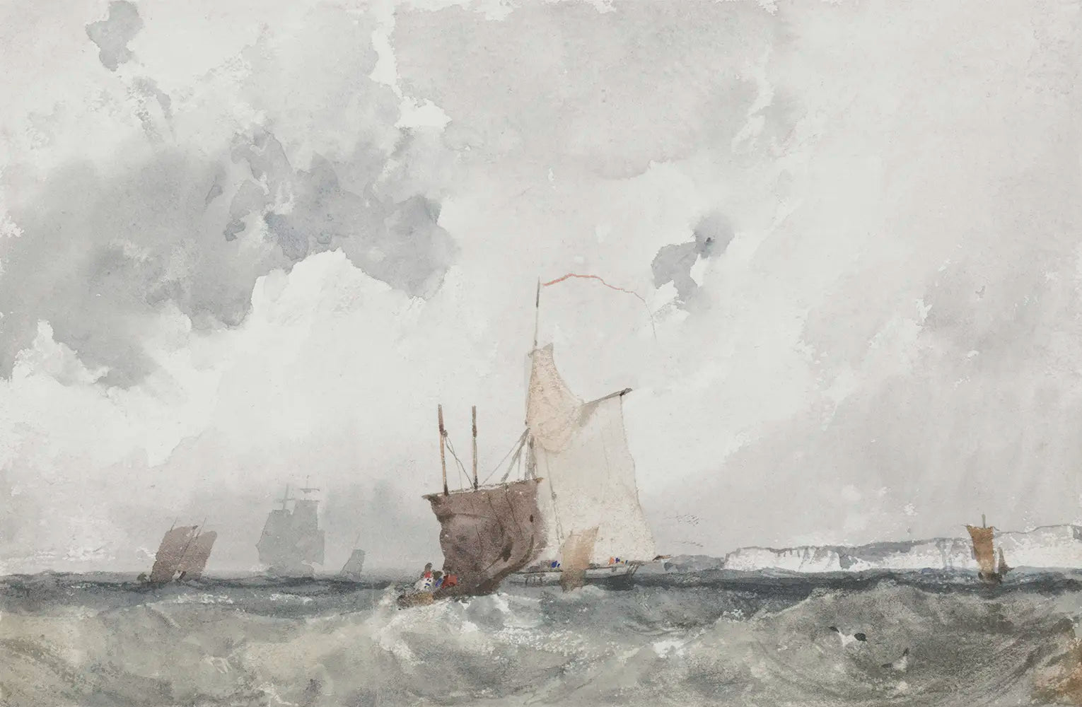 A watercolor painting depicts several ships navigating a choppy sea. 