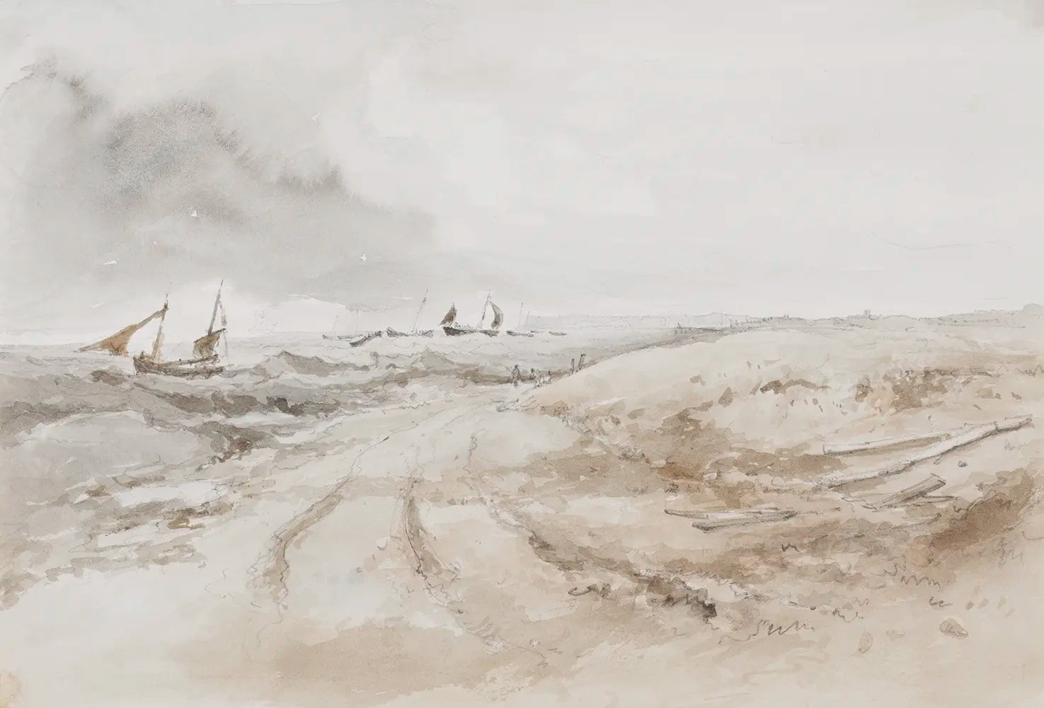 A watercolor painting of a sandy coastline where a few small sailboats rest gently in the shallows.