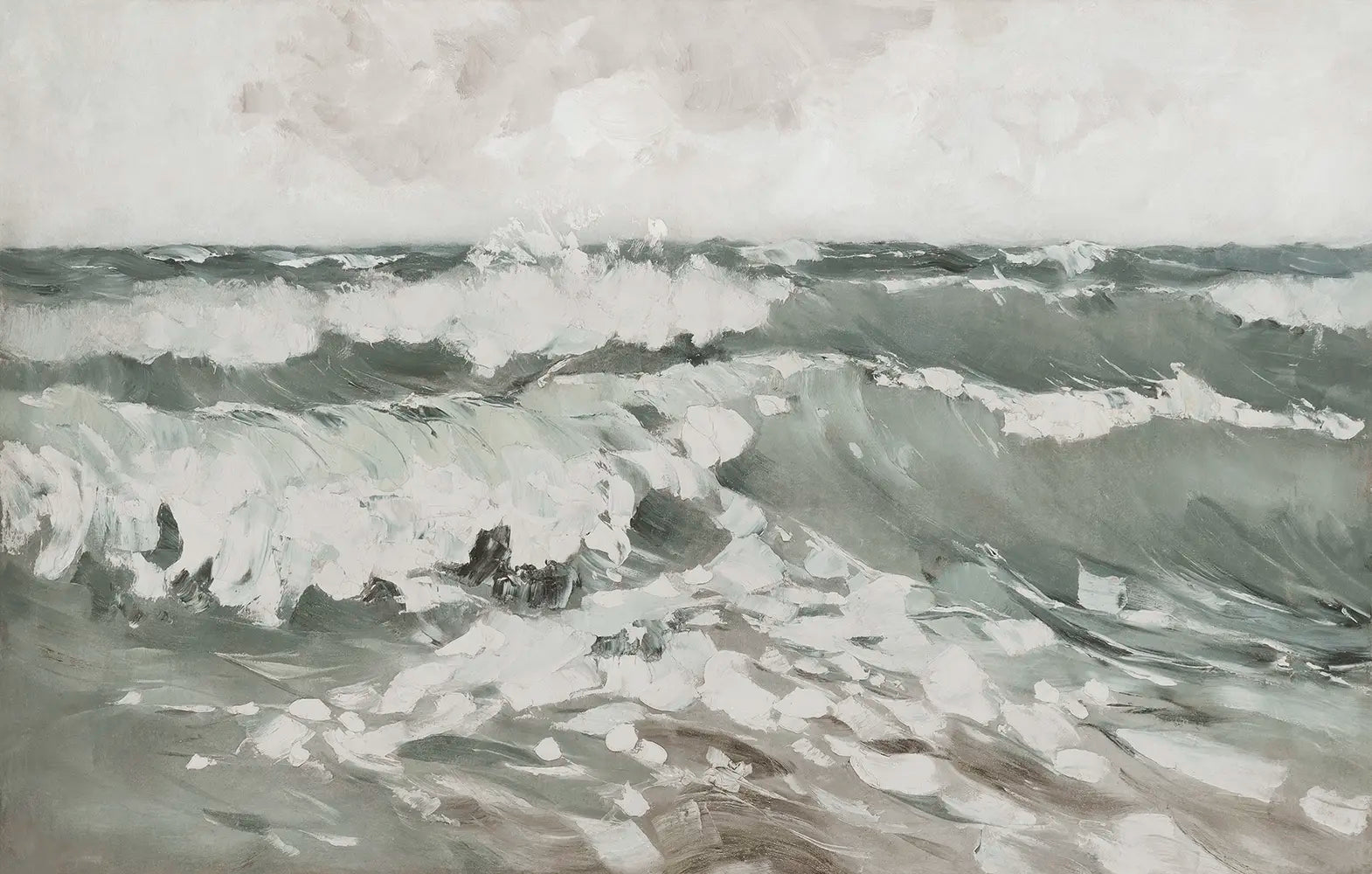 A seascape painting depicts a vast expanse of tumultuous, grey water.