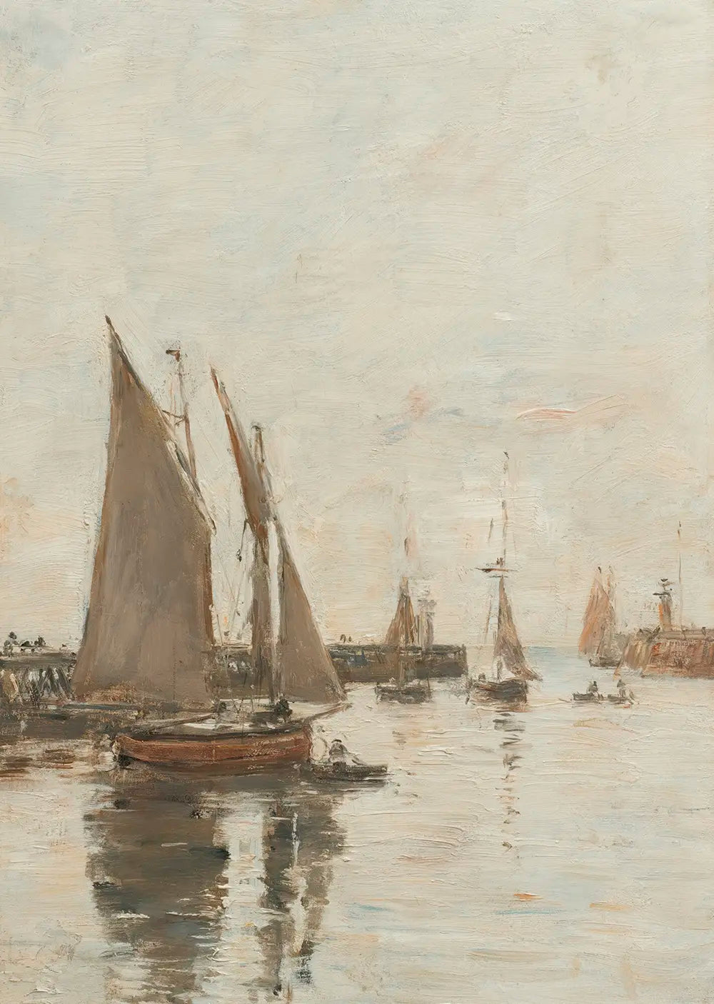 A tranquil harbor painting with several sailboats docked.