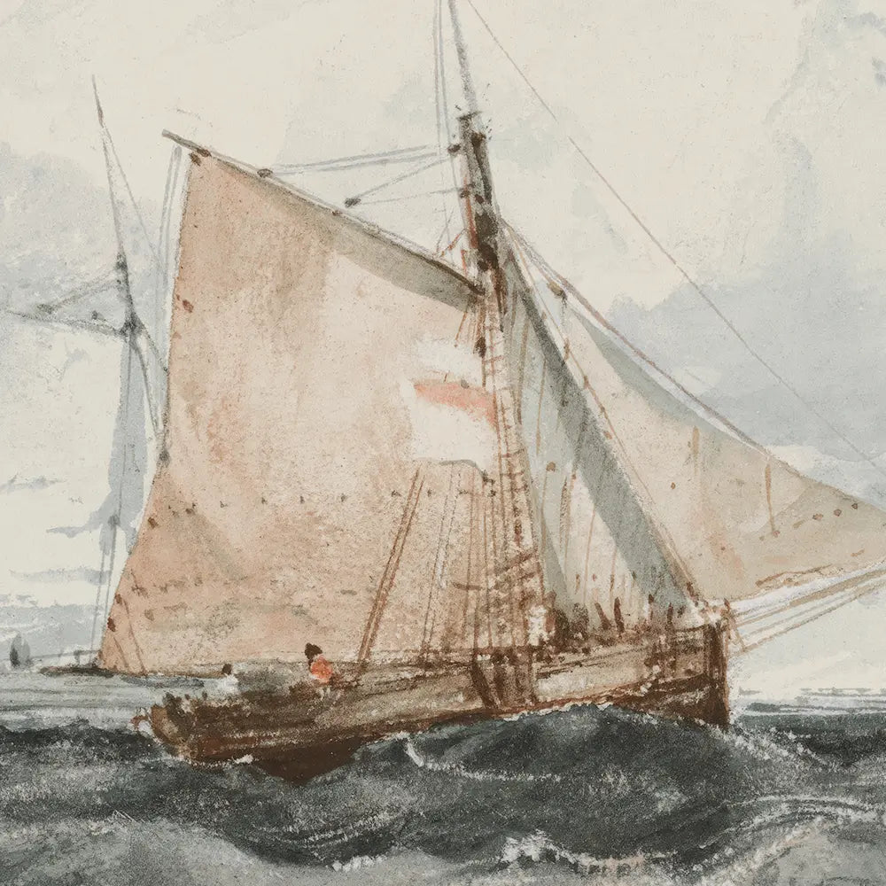 A closeup view of a watercolor painting of a sailing ship in the navigating the choppy waters beneath a cloudy sky. 