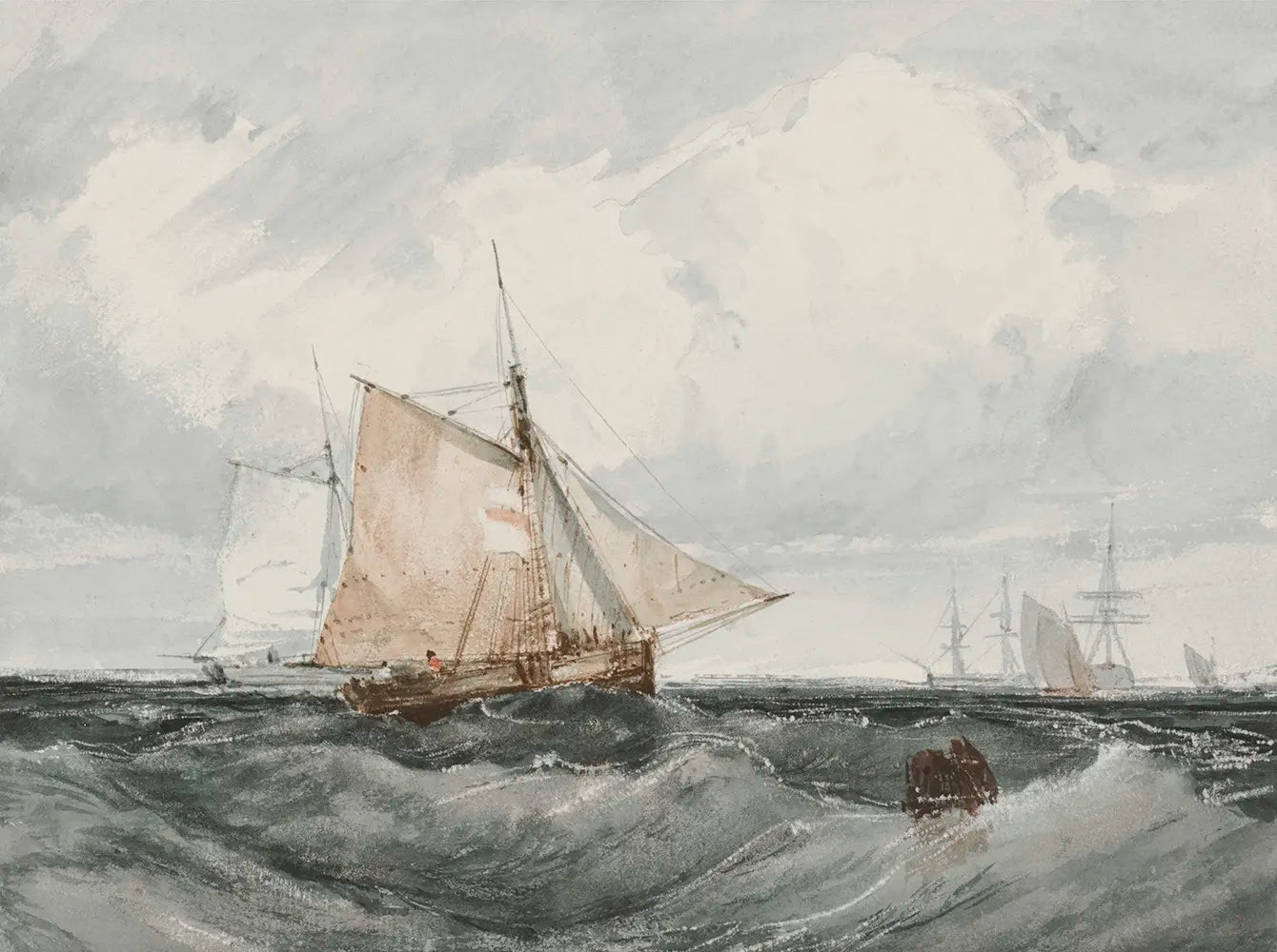 A watercolor painting of a sailing ship in the navigating the choppy waters beneath a cloudy sky. 