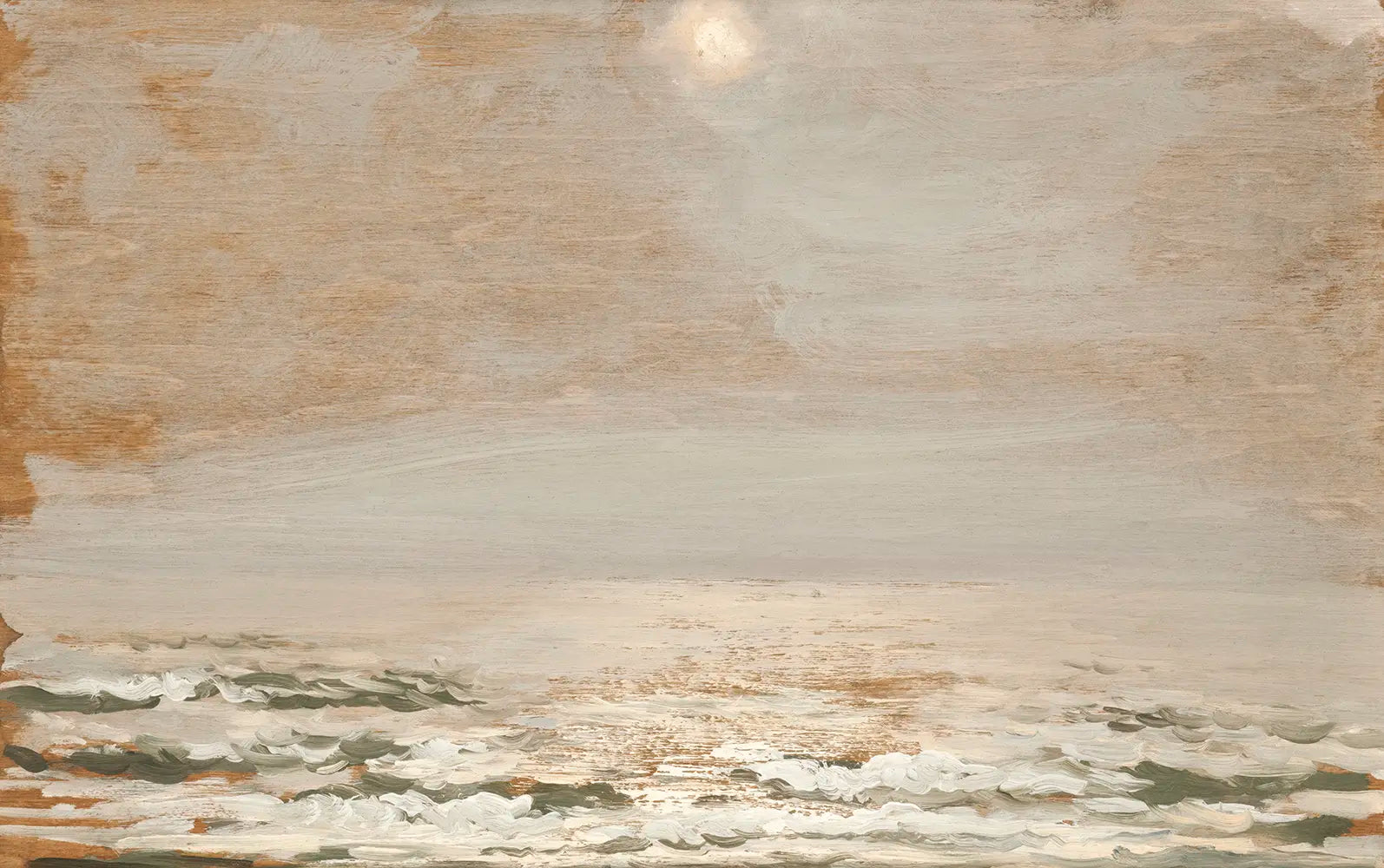 A seascape painting with rolling waves under a cloudy sky.