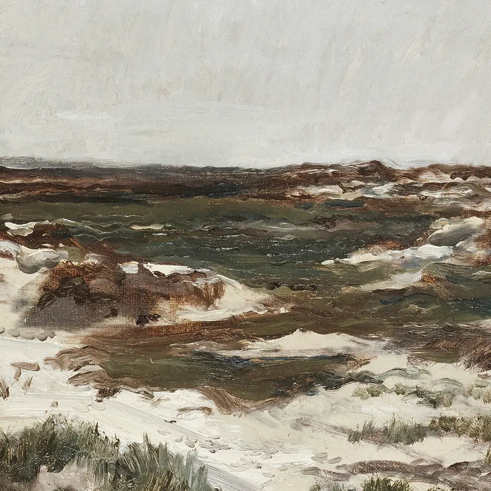 A closeup view of a beach painting with white dunes and green vegetation.