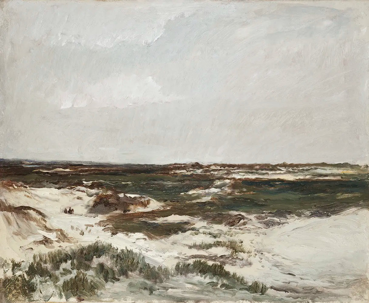 A beach painting with white dunes and green vegetation.