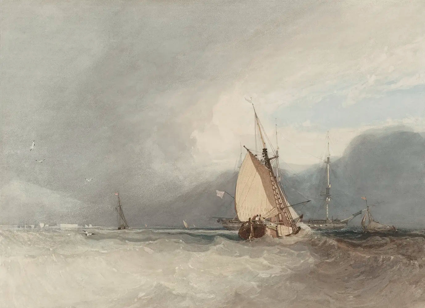 A seascape painting depicts a sailboat with a large, white sail navigates the choppy waters along the coastline under a cloudy sky.