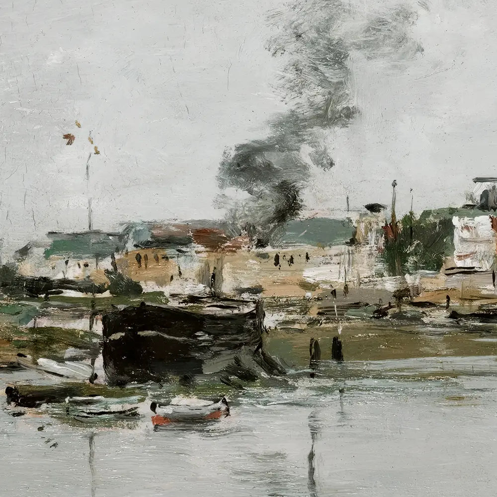 A closeup view of an impressionistic painting  of a bustling harbor on a cloudy day filled with boats.