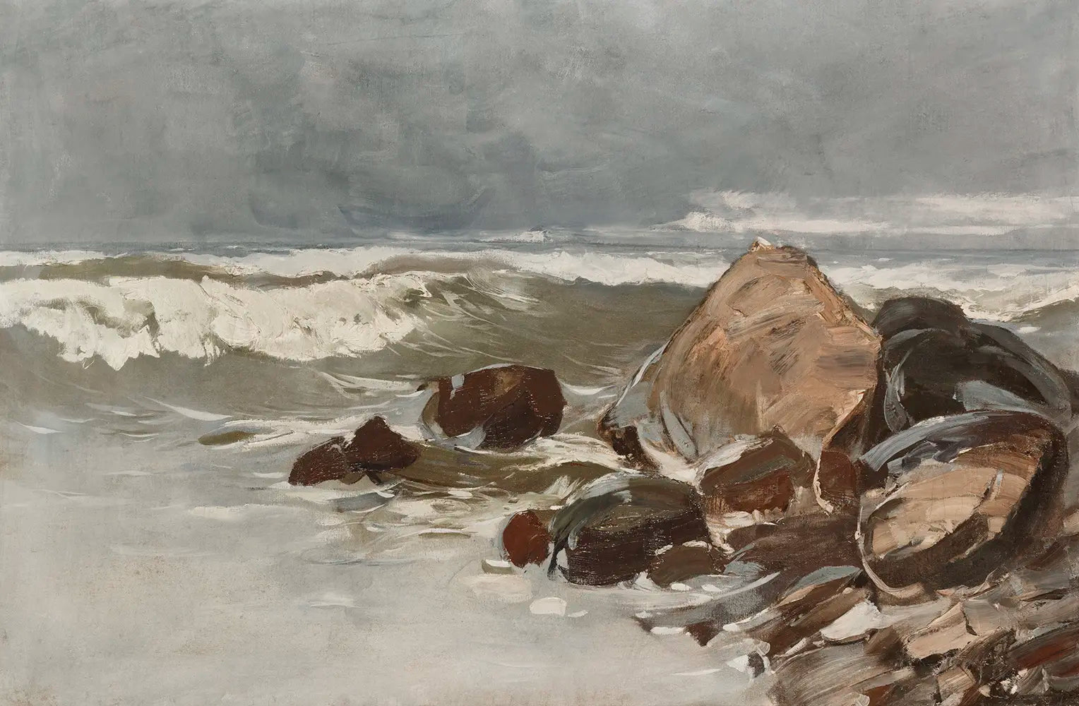 A seascape painting with large rocks on a sandy beach.