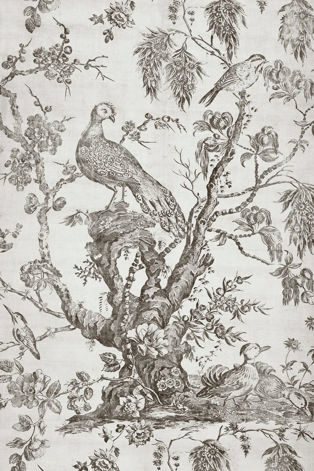 A textile pattern with a flowering tree and exotic birds.