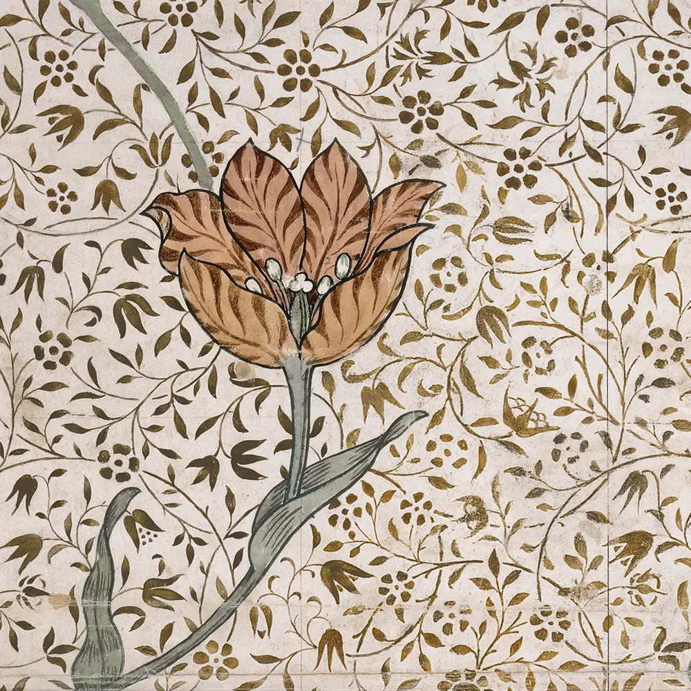 A closeup view of a textile pattern with tulip flowers. 