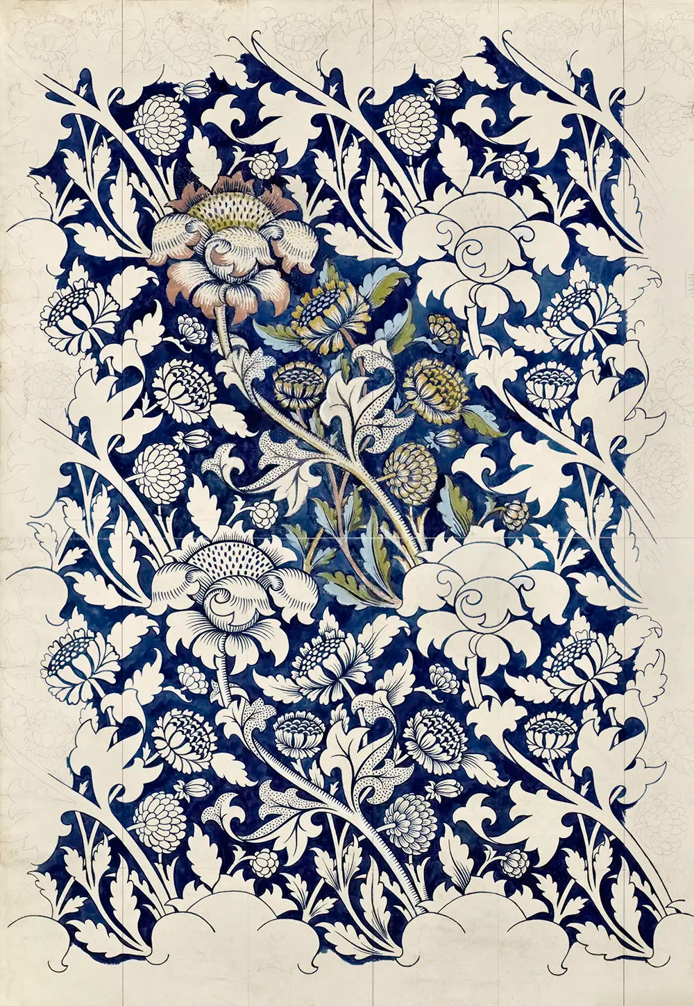 A textile pattern with marigold flowers, leaves,and winding stems.